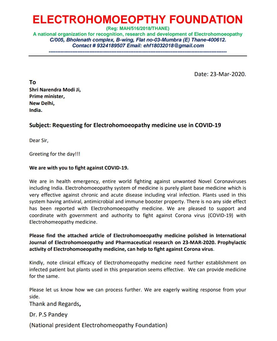 Requesting for Electrohomeopathy Medicine use in Covid-19 to PM Narendra Modi