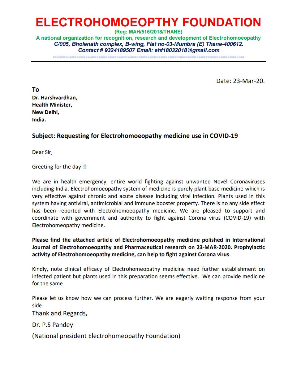 Requesting for Electrohomeopathy Medicine use in Covid-19 to Health Minister Dr. Harshvardhan