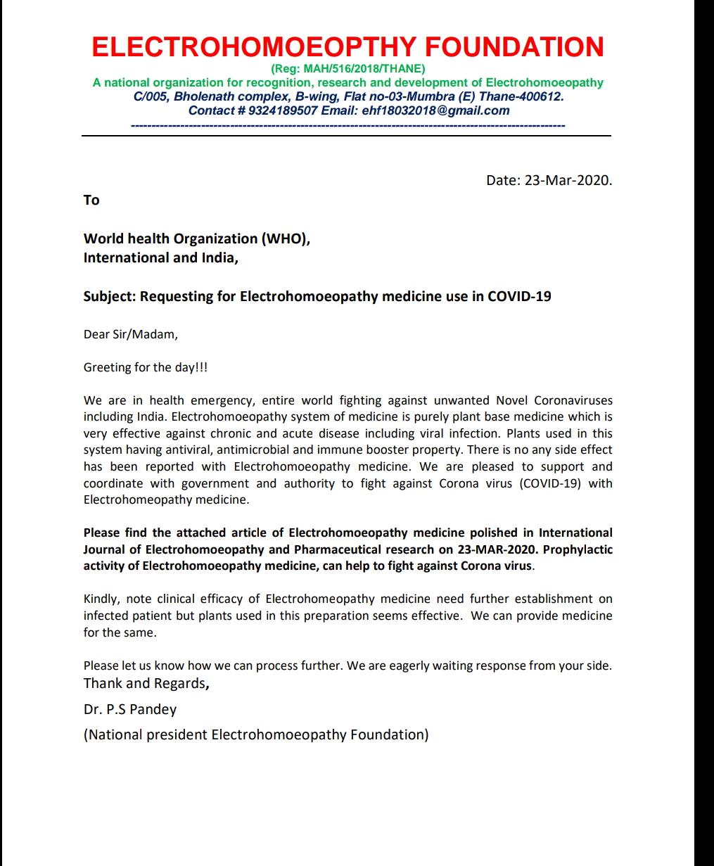 Requesting for Electrohomeopathy Medicine use in Covid-19